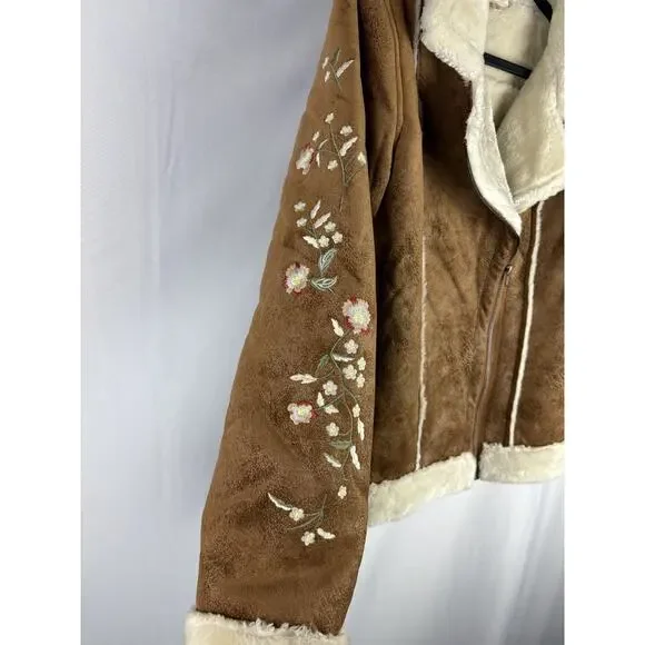 Anthro Solitaire Faux Suede Jacket Size Medium Embroidered Sherpa Lined Western - Picture 6 of 6